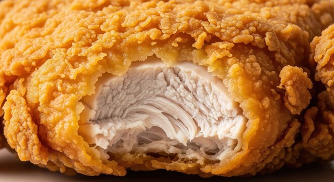 Crispy golden fried chicken breast showing juicy white meat texture