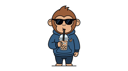 Cool monkey character in blue hoodie drinking boba tea. © Yuliia