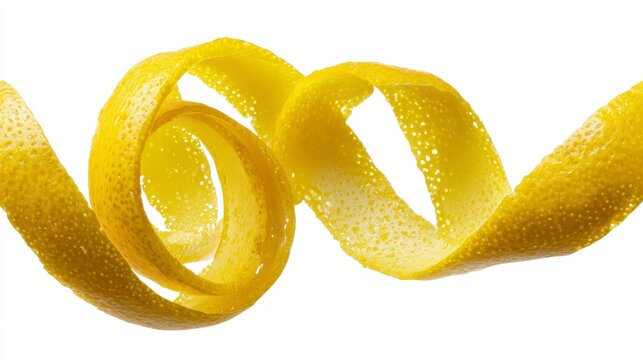 A close-up shot of a bright yellow citrus peel curled into a spiral against a pristine white background. It's textured