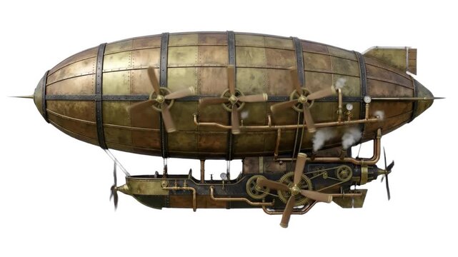 A detailed 3D model of a complex brass steampunk airship dirigible with propeller engines and gears, isolated against a solid white studio backdrop. Designed for fantasy cinematic trailers, steampunk 