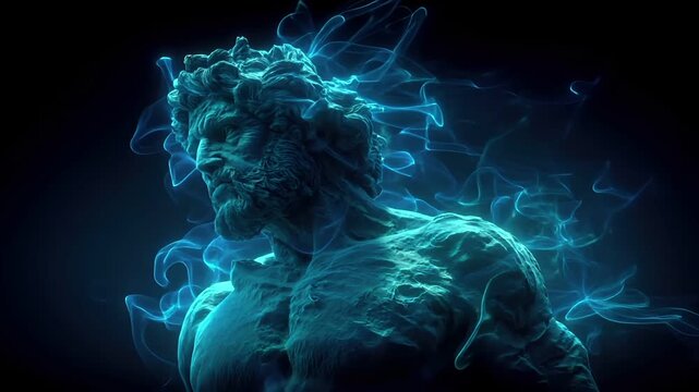 Greek mythology sea god Poseidon. Fantasy. A digital artwork depicts a colossal statue of a bearded man, intricately sculpted with flowing smoke. The statue is rendered in shades of blue.