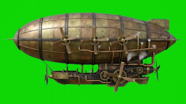 A detailed vintage steampunk airship zeppelin with brass propellers and mechanical gears, isolated on a chroma key green screen background. Great for fantasy film VFX, retro-futuristic animations, gam
