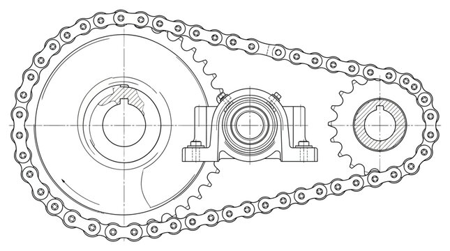 Technical schematic of a mechanical chain and sprocket drive