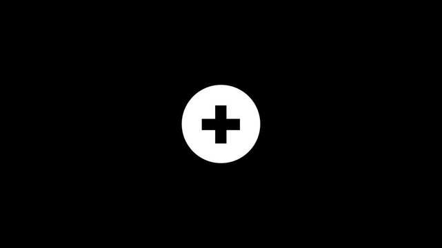 White Circle With Black Plus Cross Icon On Black Background For 4K Video Health Graphics, Medical Concepts, Add Math Symbols, And Positive User Interface Designs.