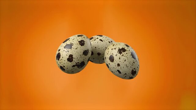 Group of three speckled quail eggs isolated against a vibrant warm orange background. Perfect for food industry advertisements, Easter marketing campaigns, organic farm promos, breakfast culinary cont