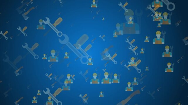 Blue digital background featuring animated engineer icons and floating wrench tools representing maintenance service and technical support concepts