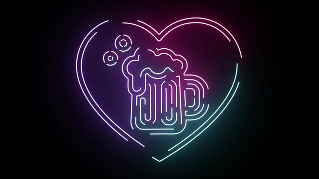 Neon Light Heart Sign Featuring A Frothy Beer Mug Glowing In Vibrant Purple And Blue Colors On A Dark Background Perfect For Pubs And Bar Branding