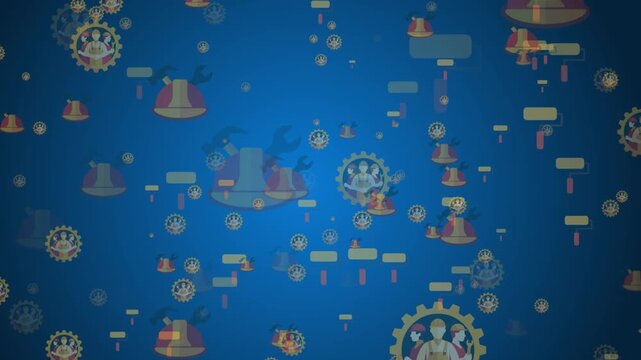 Animated blue background filled with floating cultural temple icons and gear symbols representing community networking and digital data mapping