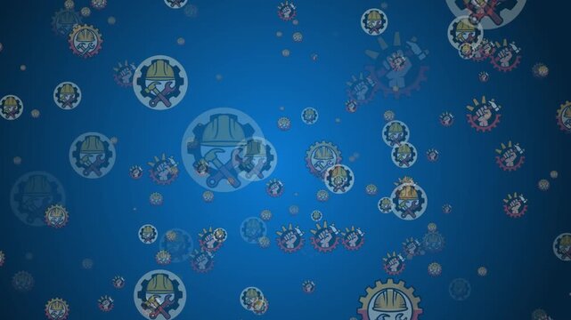 Animated motion graphic background of floating blue labor union icons featuring construction helmets wrenches hammers and raised fists in gears