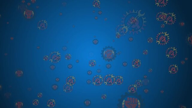 Abstract Motion Background Featuring Floating Glowing Geometric Gear Shapes Spinning Slowly In A Dark Blue Digital Space Filled With Particle Effects