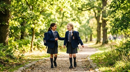 Obraz premium Two happy schoolgirls walking on a forest path, capturing the joyful metaphor of back to school season