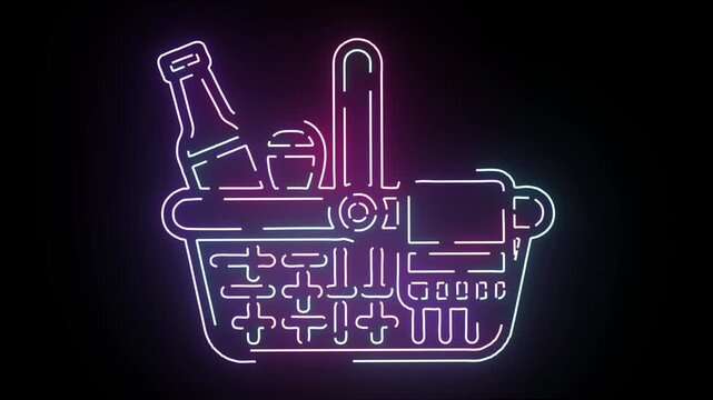A vibrant glowing neon shopping basket outline graphic animation with pulsating lines in purple and blue colors set against a solid dark black backdro