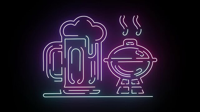 Vibrant Neon Sign Featuring A Frothy Beer Mug Next To A Smoking BBQ Grill Illustrating A Fun Night Out For Food And Drink Lovers In Modern Style