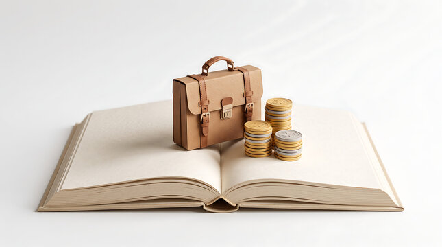 Financial investment wealth management concept paper craft briefcase stacked coins on open book