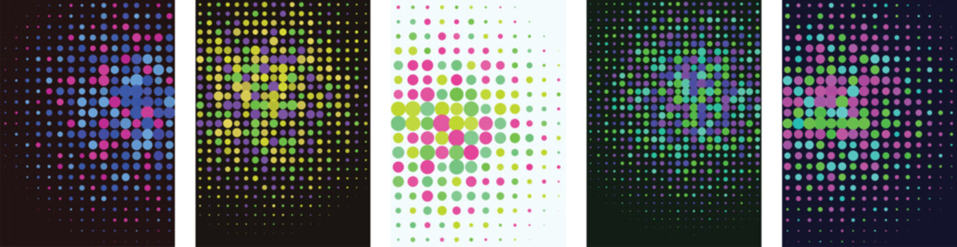 A collection of modern abstract graphic design elements featuring a colorful halftone poster set with vibrant dotted patterns and geometric grid textures
