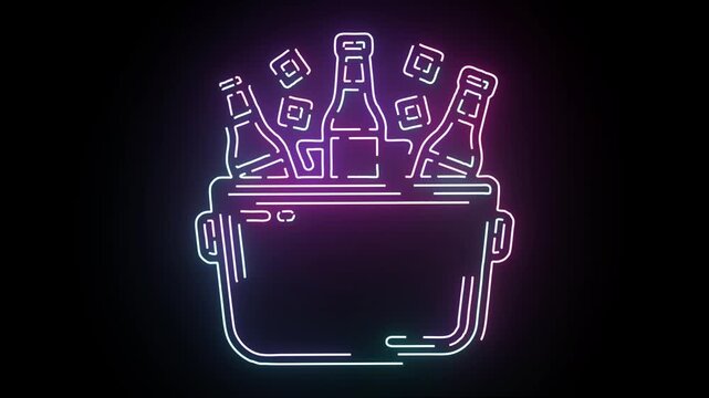 Neon Light Sign Featuring Cold Beer Bottles Placed Inside A Metal Bucket With Ice Cubes Glowing With Vibrant Purple And Blue Electric Light Lines