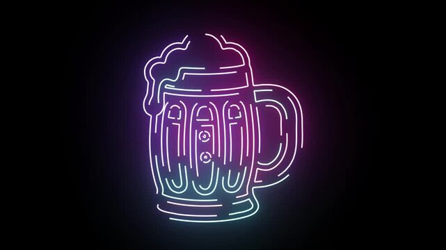 Neon Beer Mug Glowing Sign Animation on Dark Background Perfect For Vibrant Nightlife Pub Bar Theme Visuals With Cool Gradient Colors And Light Motion