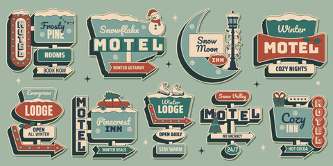 Obraz premium Retro winter Christmas sticker sign set with snowy motel, lodge, inn, moon, pine trees and cozy holiday travel signs. Vector illustration in vintage mid century 50s style