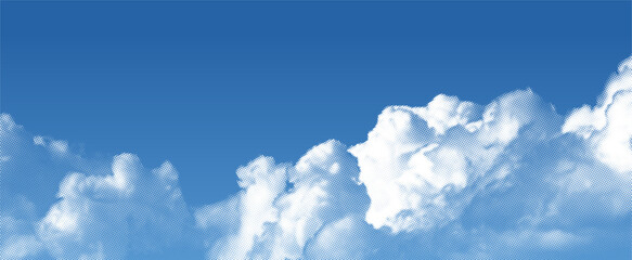 Obraz premium Halftone Cloud on Blue Sky. Vector Retro Summer Pattern with Dots. Pop Art Halftone Effect Clouds. Abstract Manga Book Anime Background.