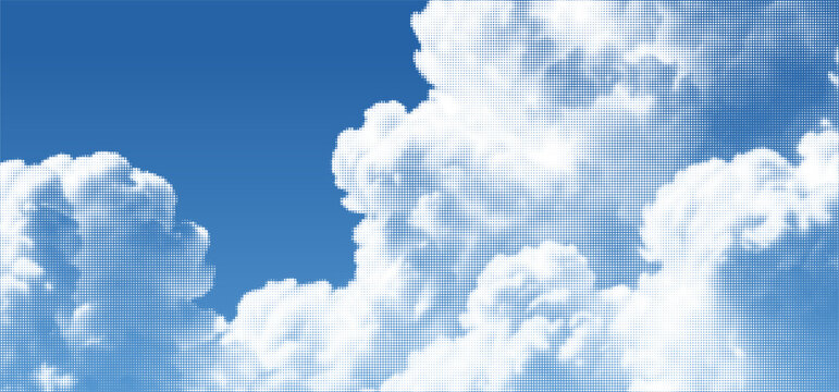 Blue Sky with Halftone Clouds. Vector Retro Pop Art Pattern. Abstract White Half Tone Effect Cloud. Summer Sky Manga Book Anime Background.