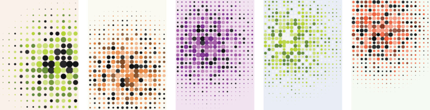 A vibrant and colorful halftone poster set featuring abstract geometric square patterns in various bright colors for modern graphic design background projects