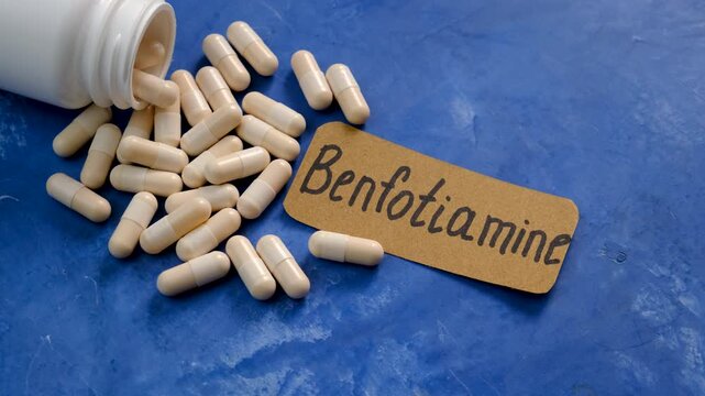 Benfotiamine capsules and vitamin supplements. Selective focus.