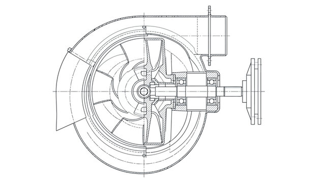 Sectional view of a centrifugal pump housing and impeller