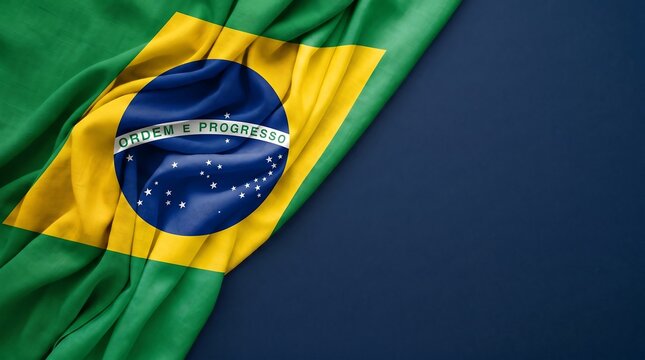 A draped brazilian flag isolated on a dark blue background with copy space