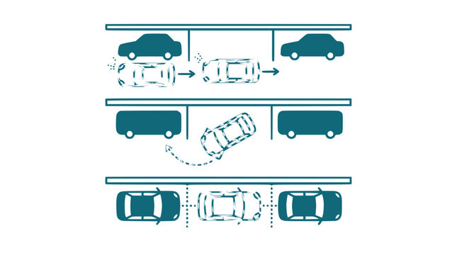 Car Parking Maneuvers: Parallel, Bay, and Reverse Parking Illustration