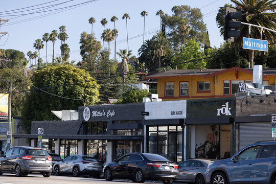 Los Angeles, California, USA - June 18, 2026: Afternoon traffic congests Sunset Blvd as it moves through the Silver Lake neighborhood.