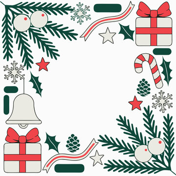 Festive Christmas Border Frame with Decorative Winter Foliage Ornaments and Holiday Gifts