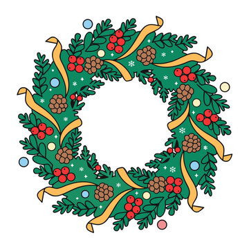 Hand drawn Christmas wreath with green pine branches, red berries, pinecones and gold ribbons