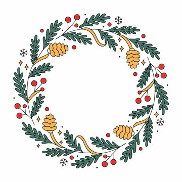 Hand-drawn Christmas wreath illustration with pine branches, red berries, and cones isolated on a white background for winter holidays design