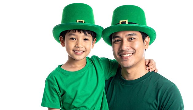 A young boy and a man, likely father and son, pose together smiling, both wearing green hats, on a white background