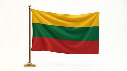 Obraz premium National Flag of Lithuania Waving on a Golden Pole Isolated on White Background, 3D Rendering