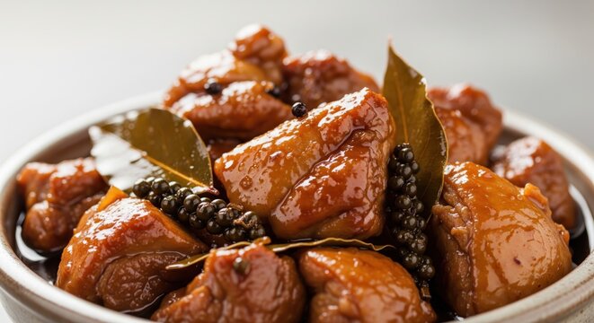 Glazed braised chicken adobo served in a bowl with peppercorns and bay leaves