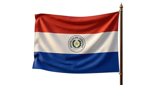 Realistic Waving National Flag of Paraguay on Wooden Flagpole Isolated on Plain White Background