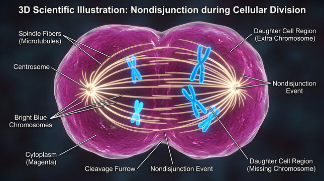Nondisjunction during cell division. 3D illustration of abnormal chromosome separation.