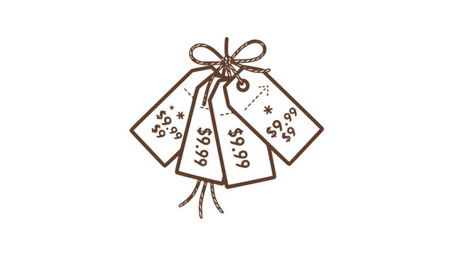 Hand-drawn price tags with $9.99 value, tied with twine, concept of sale and shopping
