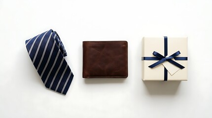 Obraz premium Elegant Father's Day Gift Set with Striped Blue Necktie, Brown Leather Wallet and Wrapped Gift Box