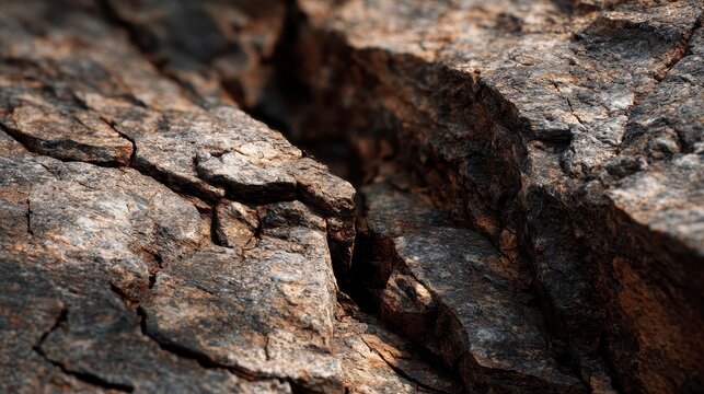 A close-up view reveals a textured rock surface, showcasing its rough, cracked appearance with intricate details under natural light