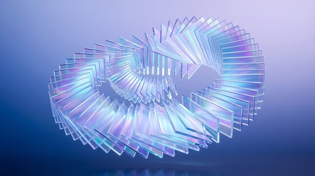 Abstract three dimensional spiral shape with iridescent glass texture and soft blue gradient background