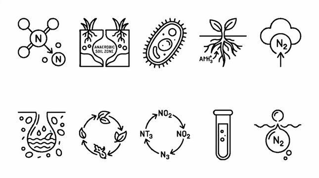 A collection of ten line art icons representing the nitrogen cycle and chemical processes.