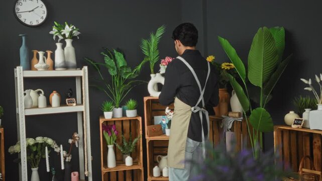 Man florist arranging pink orchids with hands over a wooden worktable in a floral studio filled with vases, pots, shelves and green plants; serenity floristry.
