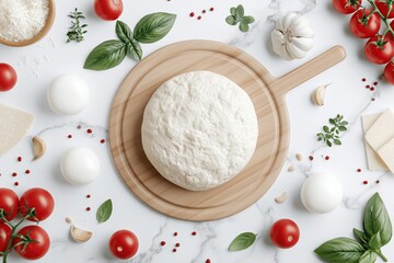 Fototapeta premium Fresh mozzarella cheese on a wooden board surrounded by ripe cherry tomatoes basil garlic and spices in a colorful kitchen setting