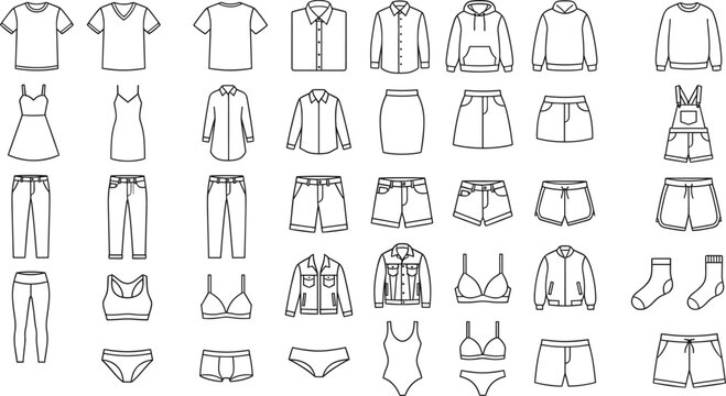 Complete Clothing Technical Flat Sketch Icon Set with Casual Wear Fashion and Underwear