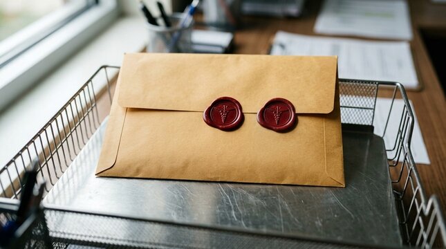 Discharge summary envelope sealed and stamped resting on an outbox tray