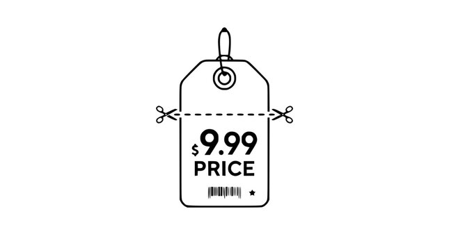 Price Tag With 9.99 Dollars And Scissors Cutting Icon