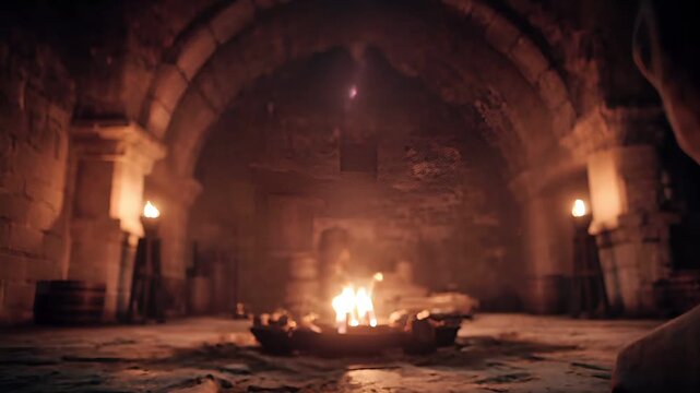 Europe medieval lifestyle. A dramatic, atmospheric portrayal of two figures seated in a dimly lit, stonewalled chamber. The central figure, facing away from the viewer, appears contemplative.