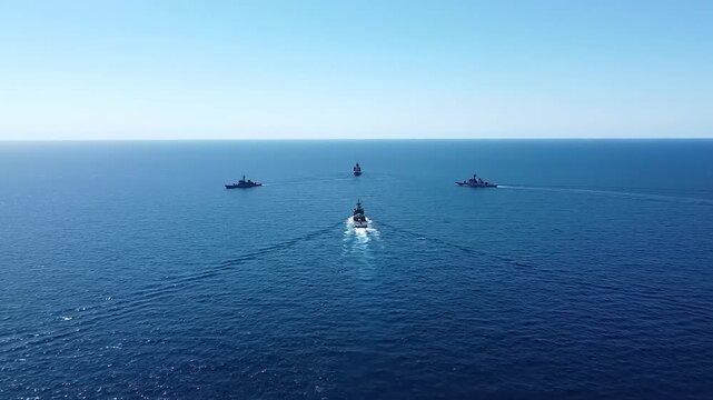 Warships navigate in a formation across the deep blue ocean during a maritime patrol exercise.
